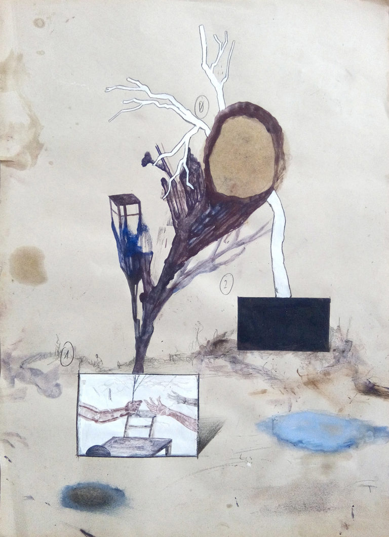 Desastres lll, 2017 egg-tempera, pigment, graphite, oil on wastepaper, 42 x 30 cm